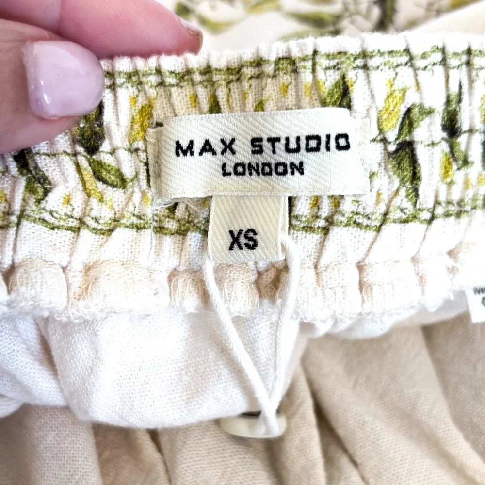 Max Studio Lemon Fruit Linen Midi‎ Skirt XS Euro Summer Coastal Cottage Pockets